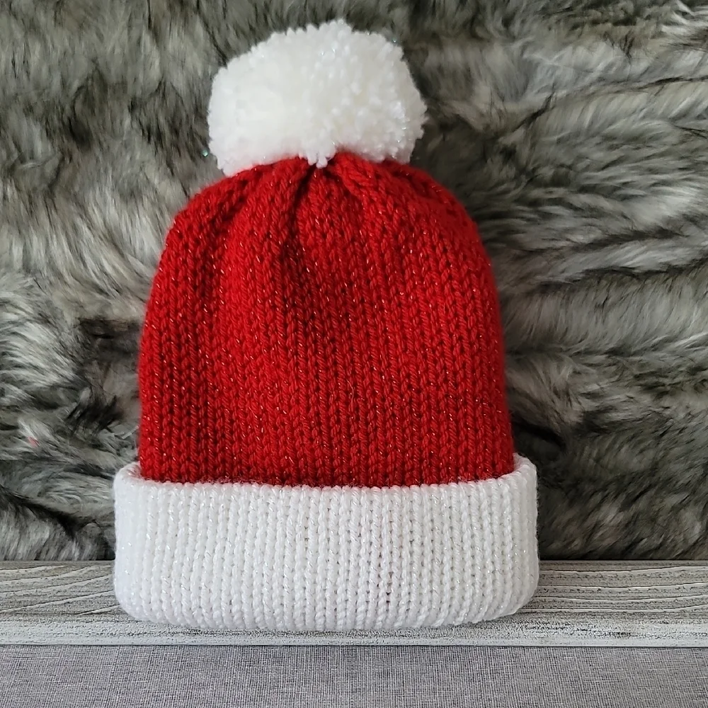 Festive Red and White Knit Beanie with Pom Pom